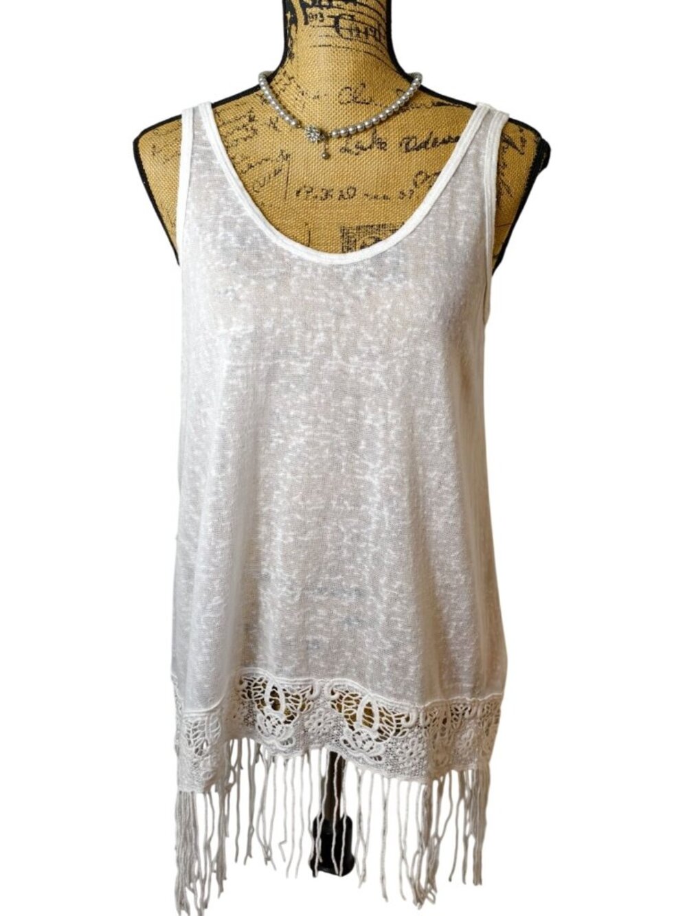 Womens S White Sleeveless Tank Fringe Hem Crochet Summer Boho Chris & Carol